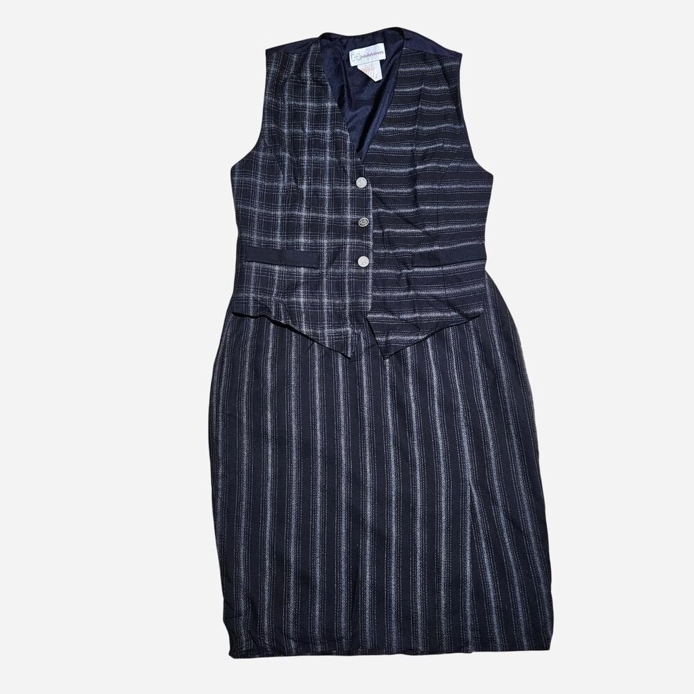 vintage twee academia black white navy vest skirt set